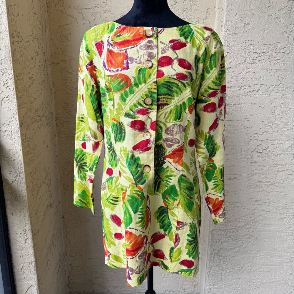 Gillian 100% Linen Floral Print Tunic Top Sz 10 Multicolor Resort